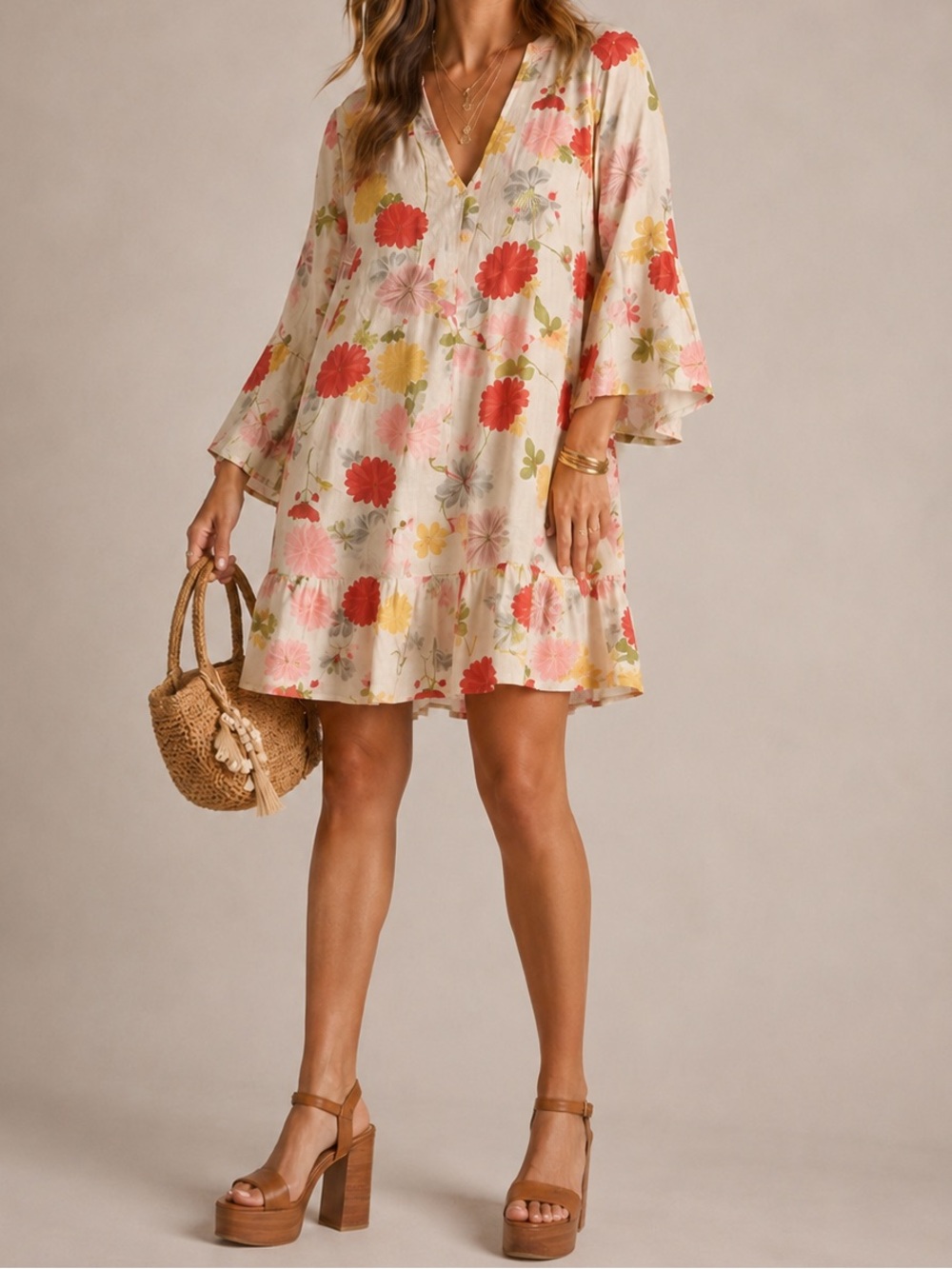 Uncle Frank Floral Rayon Linen Blend Boho Ruffle Hem Dress Size Small